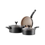 Set 5 Piezas Marmicoc - Sabores (Sartén 24Cm, 2 Cacerolas 24Cm y 20Cm, 2 Tapas de Vidrio) Negro y Dorado