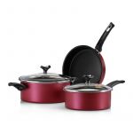 Set 5 Piezas Marmicoc -Sabores (Cacerola C/Tapa 24Cm, Olla C/Tapa 20Cm, Sarten 24Cm) Rojo y Negro
